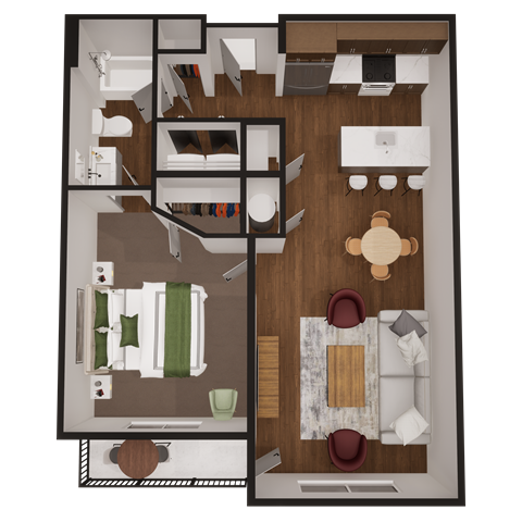 a floor plan of a 1 bedroom apartment with a living room, dining room and kitchen